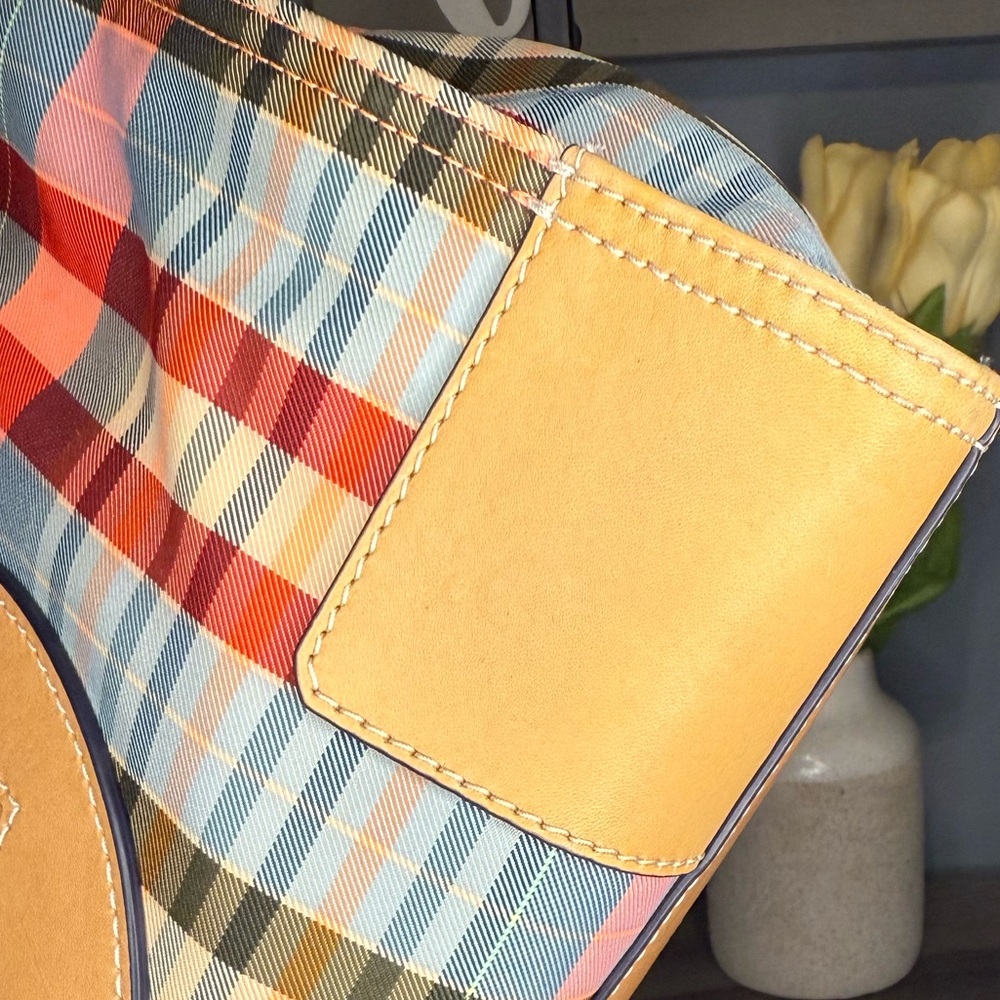 Tory Burch Plaid Tote Bag in Multicolor with Tan Leather Trim - Picture 4 of 16